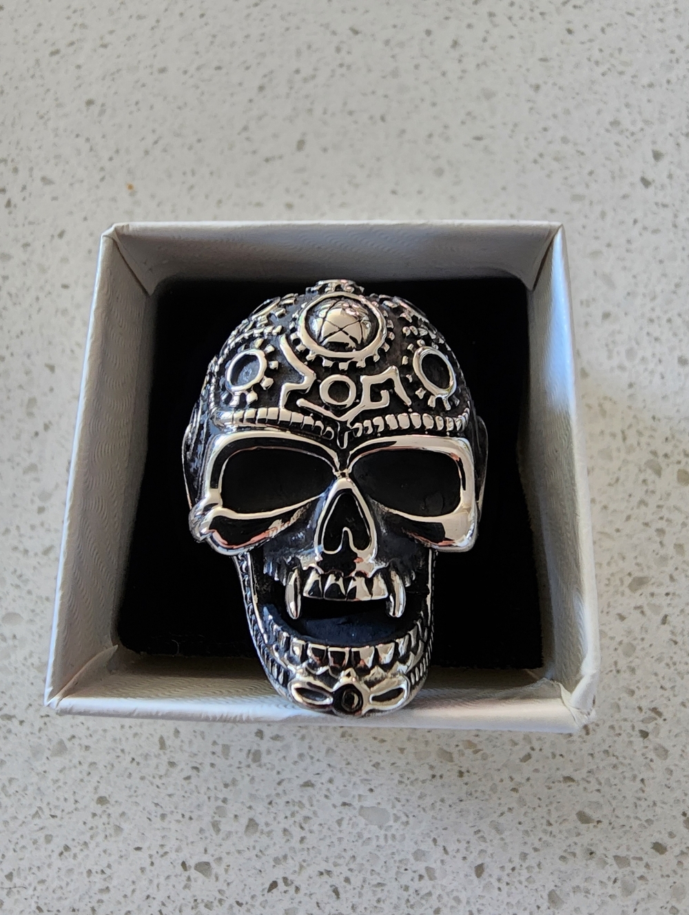 Men's Oxidized Stainless Steel Vampire Skull Ring, Size 14